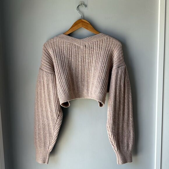 Lily Brown Pink Sparkle Cropped Ribbed Knit Cardigan - Picture 4 of 11
